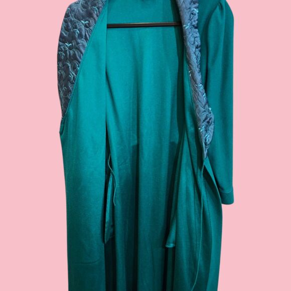 Vintage Maggie McQuade Long Teal Green Get Ready Robe Embroidered Collar Pockets - Picture 8 of 14